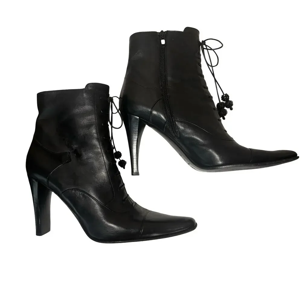 Vintage Via Spiga Black Leather Corset Detail Ankle Boots 10M